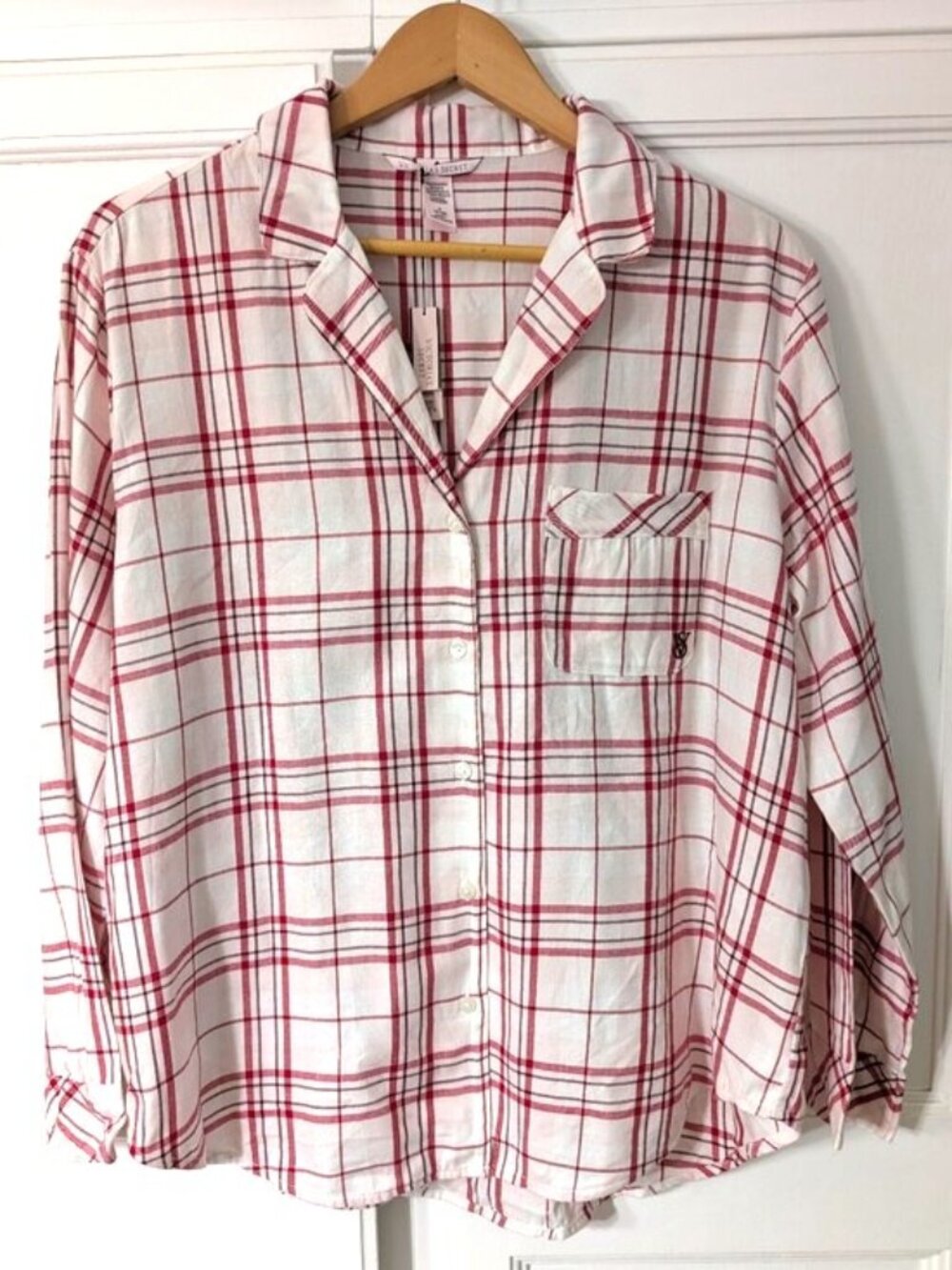 Victoria's Secret Cotton White and Red Plaid Button-Down Pajama Top M